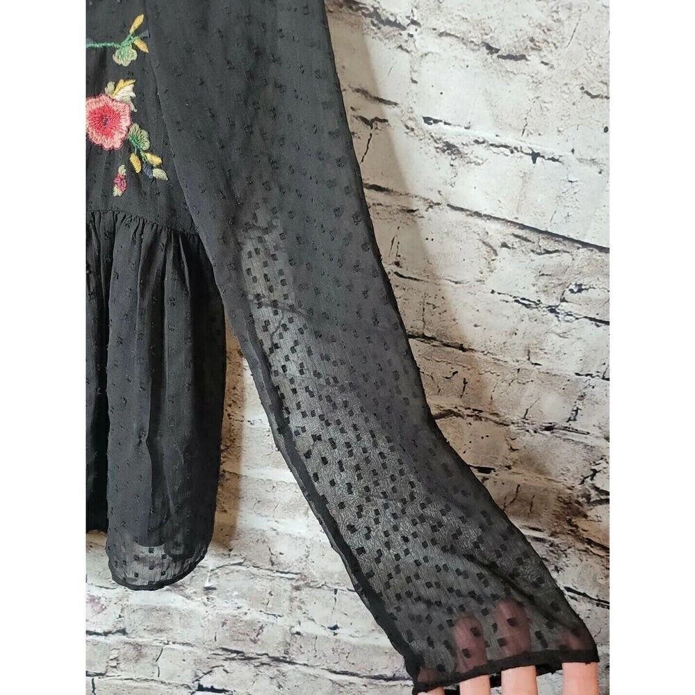Zara Trafaluc Embroidered Babydoll Swiss Dot Women's Black Shirt Size Medium t33 - Picture 4 of 8